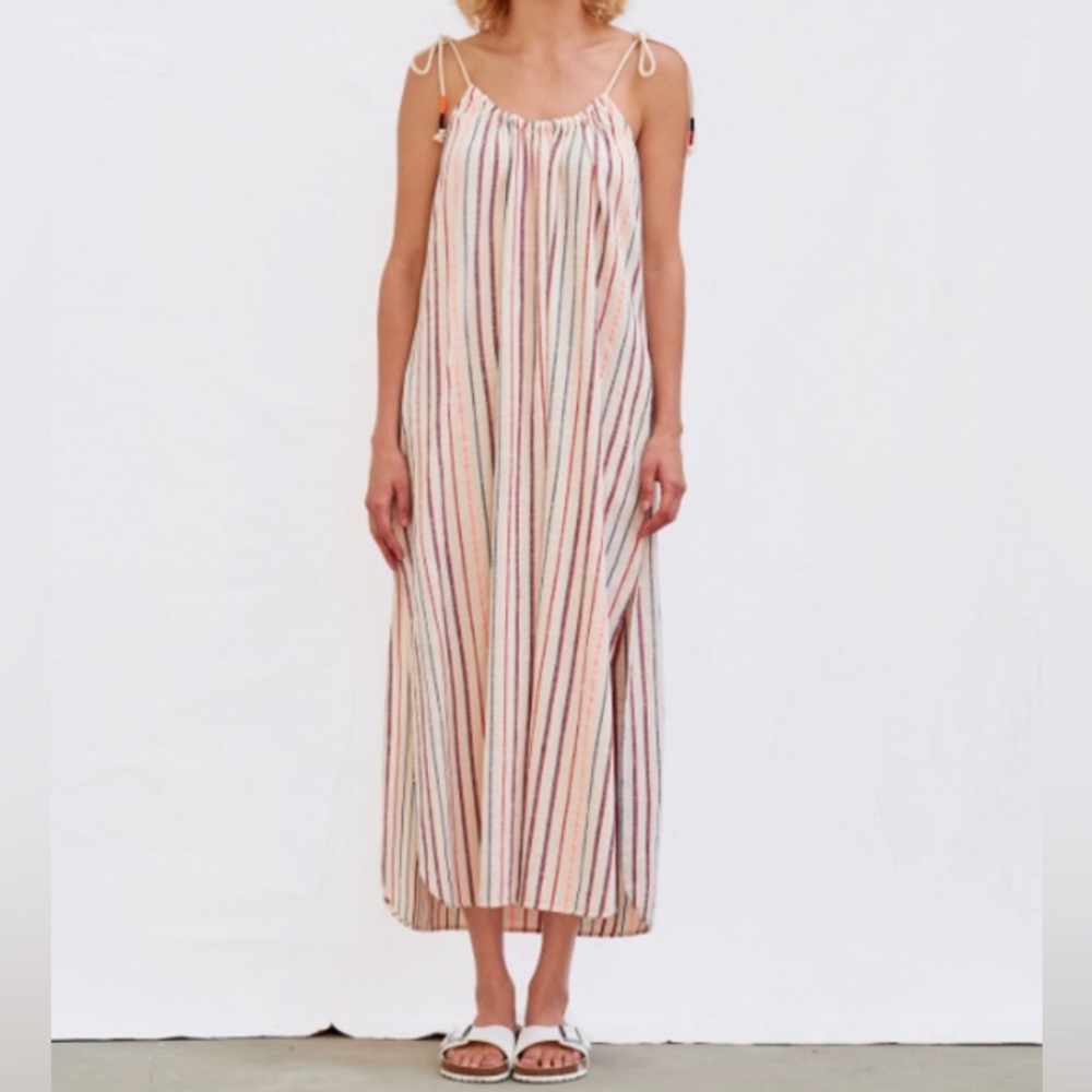 Sundry Stripes Tie Maxi Dress in Multi Stripes NWT Size Large 100% Cotton